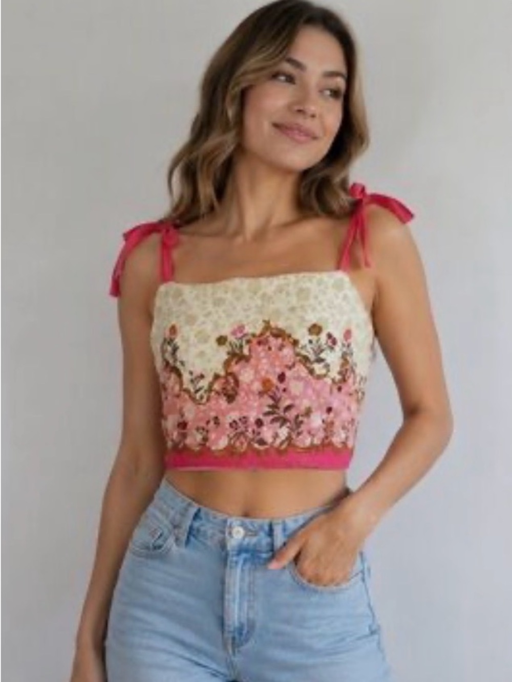 NWT Rachel Zoe Pink Cream Floral Crop Top Tie Straps Medium